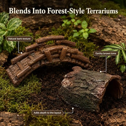 Pet Snail Hideout and Climbing Bridge Set for Terrarium Habitat Decor (Hideout) | Low-Profile Bark-Style Hideout and 17 cm Bridge for Natural Resting and Crawling Routes