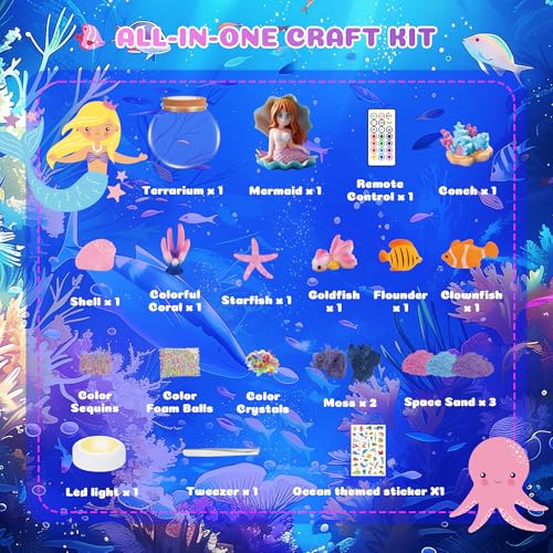 Mermaid Terrarium Crafts Kit for Kids: LED Night Light-Up DIY Toys with Remote – Fun Birthday Gifts for Girls Ages 5 6 7 8 9 10 Years Old – Creative Arts & Crafts Activity Set - style: Mermaid