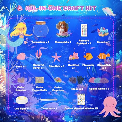 Mermaid Terrarium Crafts Kit for Kids: LED Night Light-Up DIY Toys with Remote – Fun Birthday Gifts for Girls Ages 5 6 7 8 9 10 Years Old – Creative Arts & Crafts Activity Set - style: Mermaid