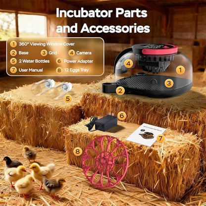 Full Automatic 12 Egg Incubator with APP Control & Video Record, Automatic Egg Turning, Temp & Humidity Control, for Beginner & Study & Small Farm, Ideal for Parrot Quail Chicken Hatching