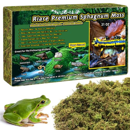 Riare 1.3lb Natural Sphagnum Moss for Reptiles, Terrarium Substrate Bedding | 50QT High Expansion, Moisture Retention, Helps Shedding, Long Fibered Dried Moss for Leopard Gecko, Snake, Frog, Turtle - color: 21 OZ