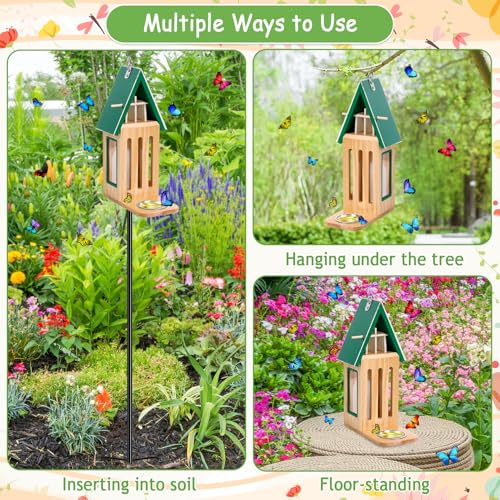 New Upgraded Butterfly House and Feeder for Outside Wooden Butterfly House | with Metal Stake for Garden Backyard, Natural Butterflies Habitat with Puddler on Floor or Hanging on Tree Wall