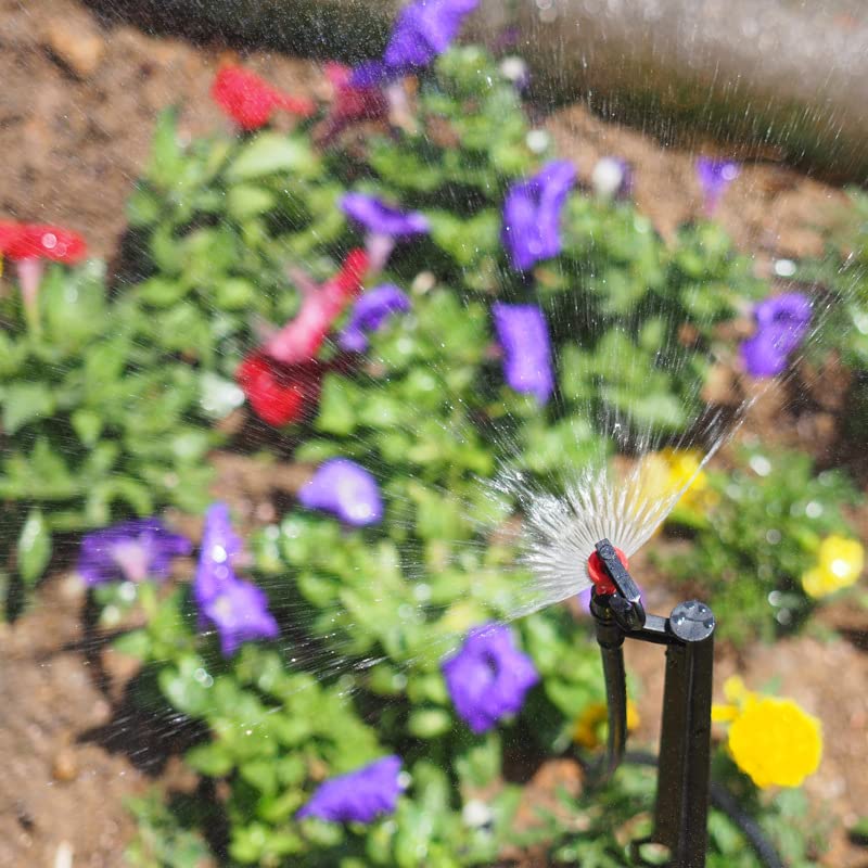 Drip Irrigation Micro Spray Emitter on 20 inch Stake with 1/4" Tubing and Barbed Coupler 180° Half Circle Pattern, 8.5’ Spraying Distance - size: 9 Sets 180° Micro Spray Emitters