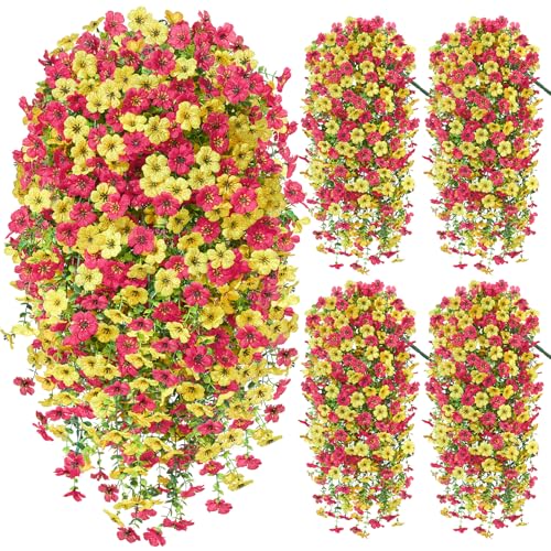 4PCS UV Resistant Silk Artificial Hanging Flowers for Outdoors | Mixed Color Relistic Fake Flowers for Outside,Patio,Porch,Front,Yard,Window,Garden,Indoor Decor(Hot Pink&Yellow) - color: Hot Pink&yellow, size: 4PCS
