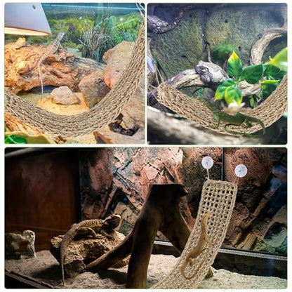 2 Pcs Bearded Dragon Hammock Reptile Lounger, Natural Seagrass Climbing Habitat Decor with Jungle Theme for Lizards, Geckos, Snakes, Iguanas, Amphibians and Terrarium