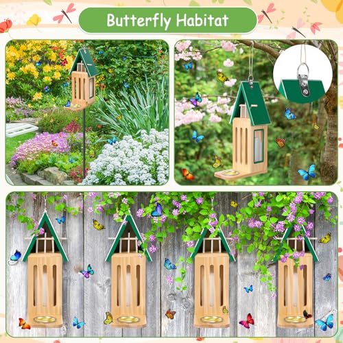 New Upgraded Butterfly House and Feeder for Outside Wooden Butterfly House | with Metal Stake for Garden Backyard, Natural Butterflies Habitat with Puddler on Floor or Hanging on Tree Wall