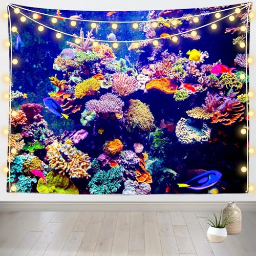 Loccor Aquarium Tapestry Fish Tank Tapestries Undersea Coral Reef Wall Hanging Ocean Tropical Fish Wall Decor for Home Bedroom Living Room Dorm 80''x60'' Horizontal - size: 80"L x 60"W