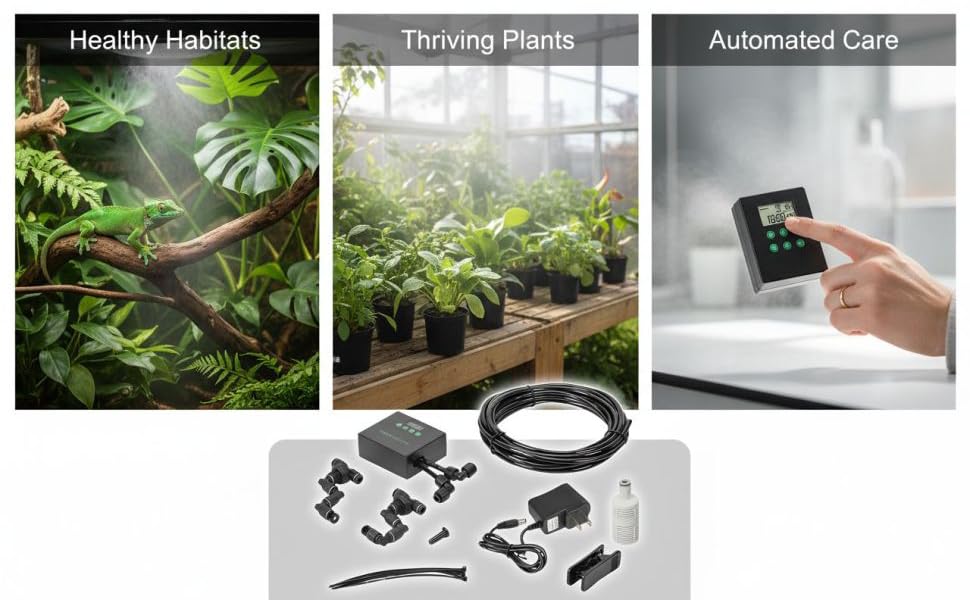 Reptile Misting System with US Plug, Programmable Automatic Mister Humidifier, 360° Adjustable Dual Nozzles, Smart Timer, Self-Priming Spray Kit for Terrariums