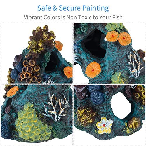 Uniclife Aquarium Decorations Resin Coral Rock Mountain Cave Fish Tank Decor Ornaments Fish House for Betta Rest Hide Play Breed - style: Green Coral Tower