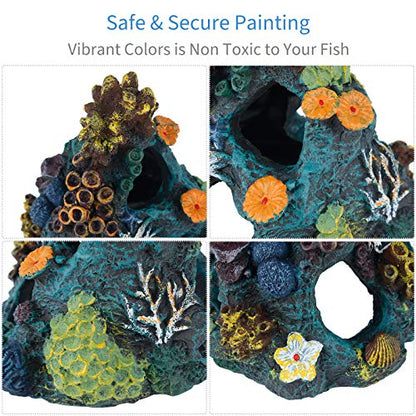 Uniclife Aquarium Decorations Resin Coral Rock Mountain Cave Fish Tank Decor Ornaments Fish House for Betta Rest Hide Play Breed - style: Green Coral Tower