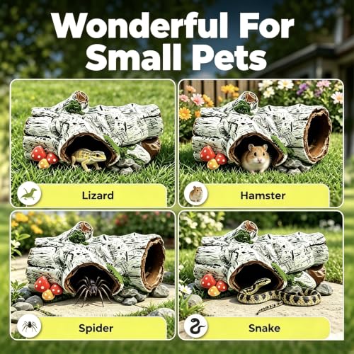 Reptile Hide Cave, Resin Hollow Tree Trunk Hideout, Terrarium Habitat Shelter Tank Accessories Decor for Snake, Leopard Gecko, Bearded Dragon, Tarantula, Aquarium Fish Tank Ornament