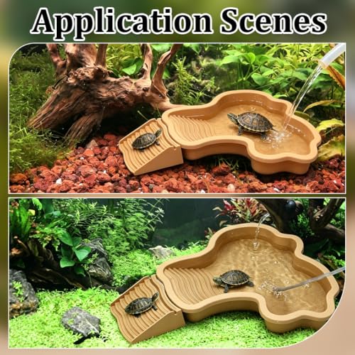 Reptile Bathing Pool with Ramp and Climbing Stairs 26.7x28x4.2cm Large Tortoise Food Water Dish Reptile Feeding Bowl Aquarium Ornament for Lizards, Geckos, Snakes, Bearded Dragons
