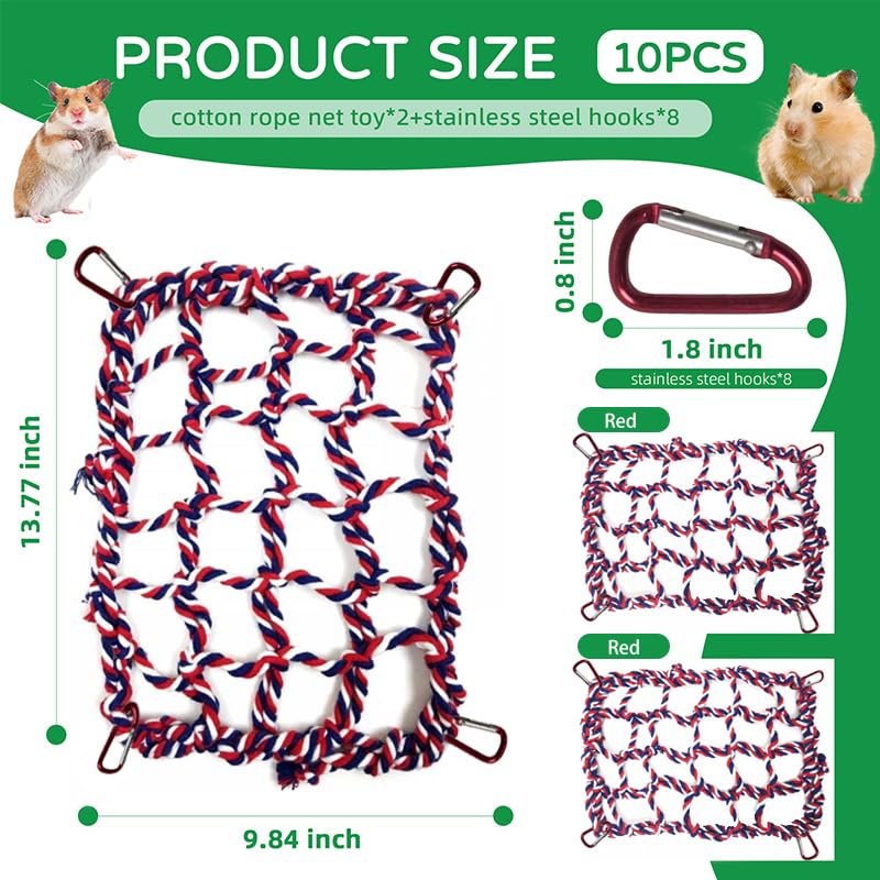 2 Pcs Cotton Rope Hammock & Bridge with 4 Hooks for Cage Accessories - Rat, Bird & Hamster (12.6 x 9.84 inch, Red) - color: red