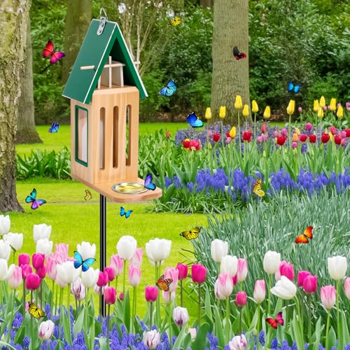 New Upgraded Butterfly House and Feeder for Outside Wooden Butterfly House | with Metal Stake for Garden Backyard, Natural Butterflies Habitat with Puddler on Floor or Hanging on Tree Wall