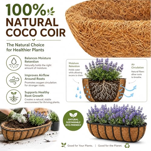 HFHOME Coco Liners for Planters, 24 Inch Natural Coconut Coir Fiber Window Box Liners, Wall Hanging Basket and Flower Box, Trough Coco Planter for Garden Fence, 2 Pack - size: 24 2P HALF