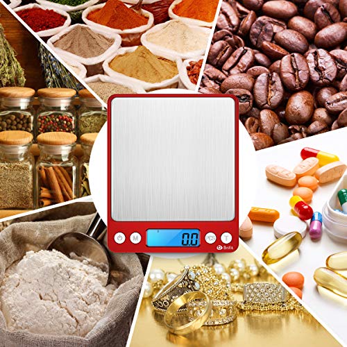 Digital Kitchen Scale, 3000g Pocket Cooking Scale with 0.1g Accuracy, Mini Food Scale, Pro Electronic Jewelry Scale with Back-Lit LCD Display, Tare & PCS Functions (Red, Batteries Included) - color: Red