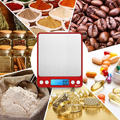 Digital Kitchen Scale, 3000g Pocket Cooking Scale with 0.1g Accuracy, Mini Food Scale, Pro Electronic Jewelry Scale with Back-Lit LCD Display, Tare & PCS Functions (Red, Batteries Included) - color: Red