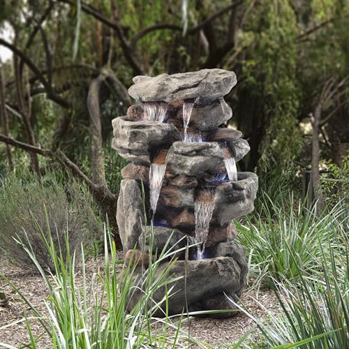 Alpine Corporation WIN730 Outdoor Floor Tiered Rock Waterfall Fountain with LED Lights and Natural Stone Look, 52", Brown - style: 5-Tier 52" H - Cool White LEDs