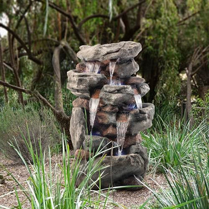 Alpine Corporation WIN730 Outdoor Floor Tiered Rock Waterfall Fountain with LED Lights and Natural Stone Look, 52", Brown - style: 5-Tier 52" H - Cool White LEDs