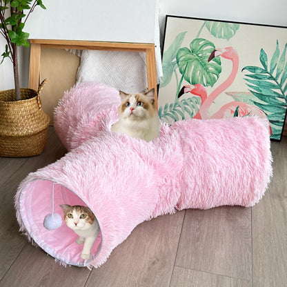 3-Way Collapsible Cat Tunnel Tube Toy Pink Plush | Interactive Play Tunnel with Hanging Ball & Peek Hole for Indoor Cats, Kittens, Puppies & Rabbits | Hours of Fun & Exercise - color: Pink Plush