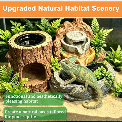 PurifyLogix 3in1 Reptile 550ML Waterfall Fountain with Food Dish & Hideout | Adjustable Flow Drinking Fountain for Bearded Dragon, Water Dispenser, Gecko, Lizard, Chameleon, Natural Resin