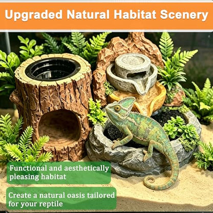 PurifyLogix 3in1 Reptile 550ML Waterfall Fountain with Food Dish & Hideout | Adjustable Flow Drinking Fountain for Bearded Dragon, Water Dispenser, Gecko, Lizard, Chameleon, Natural Resin