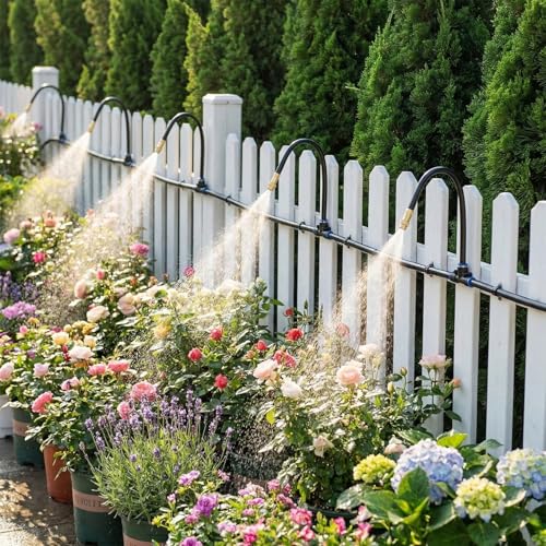 50 FT Drip Irrigation System 5/16 Inch Tubing with 16 Nozzles, Automatic Watering Misting System, Adjustable Sprinkler for Garden, Lawn, Plants, and Raised Bed - size: 50FT