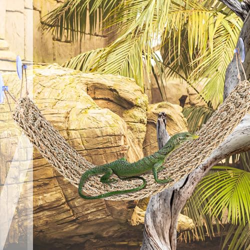 2 Pcs Bearded Dragon Hammock Reptile Lounger, Natural Seagrass Climbing Habitat Decor with Jungle Theme for Lizards, Geckos, Snakes, Iguanas, Amphibians and Terrarium