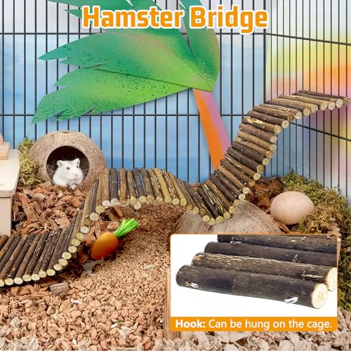 kathson 2Pcs Wooden Hamster Suspension Ladder Bridge,Bendable Long Climbing Ladders Pet Cage Toy Accessories Hideout Natural Chew Balls for Mouse Chipmunk Rabbits and Other Small Animals (Brown) - size: 21.65 x 3.54 inches