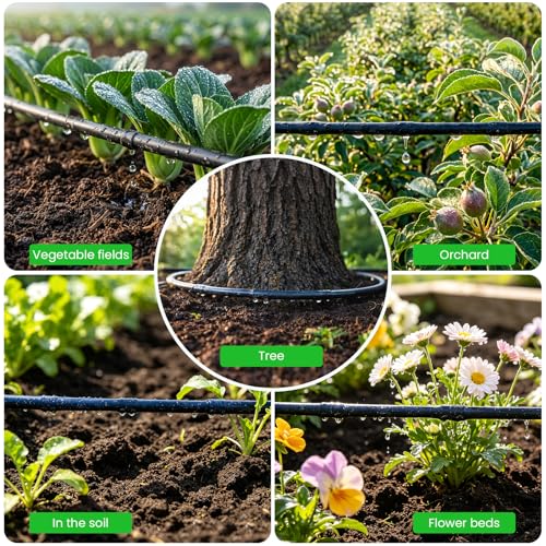 MIXC 1/4" Irrigation Dripline Tubing (200 Ft Roll), Saving 80% Water, 6" Emitter Spacing, 0.5 GPH Emitters Built-In Drip Irrigation Line with 1/4" Fittings Included, Black - size: 200FT