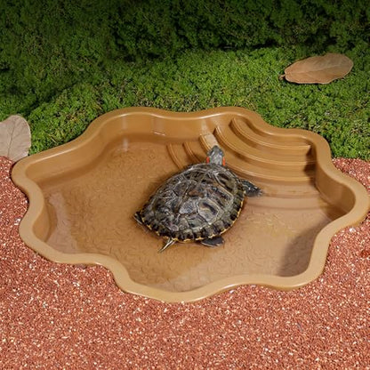 Extra Large Reptile Bathing Pool Reptile Feeding Dish Water Bowl with Ramp Aquarium Ornament for Gecko, Snake, Turtle, Bearded Dragon, Lizard Bath (Brown-Yellow) - color: Brown-yellow