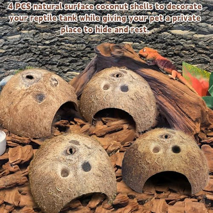 PINVNBY Natural Coconut Reptile Hideouts Lizard, Coco Hut Hermit Crab Hut Aquarium Fish Hide Cave for Small Reptile Crested Gecko Leopard Gecko Spider Snail Climber Toys (4 PCS Natural Surface) - size: 4 PCS Natural Surface