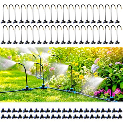 Drip Irrigation Nozzles 40 Pack, 8 Inch Adjustable Sprayers for 1/4 Tubing | 360° bendable stems direct water where needed; tee connectors branch irrigation for pots, raised beds and greenhouse plants.