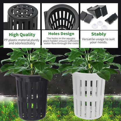 Aquarium Plant Holder 2PC with Hooks & Suction Cups, Aquatic Plant Cup for Fish Tank, Aquaponic & Aquascape Decoration, Black