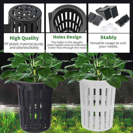Aquarium Plant Holder 2PC with Hooks & Suction Cups, Aquatic Plant Cup for Fish Tank, Aquaponic & Aquascape Decoration, Black