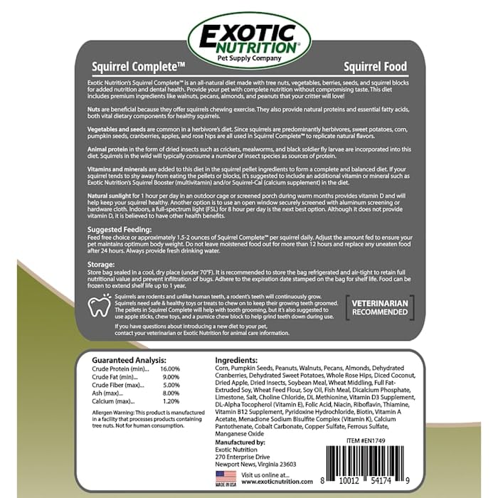 Exotic Nutrition Squirrel Complete (1.75 lb.) - Healthy Natural Food - Nutritional Diet for Pet & Captive Squirrels - Ground, Grey, Flying Squirrels, & Chipmunks - size: 1.75 Pound (Pack of 1)