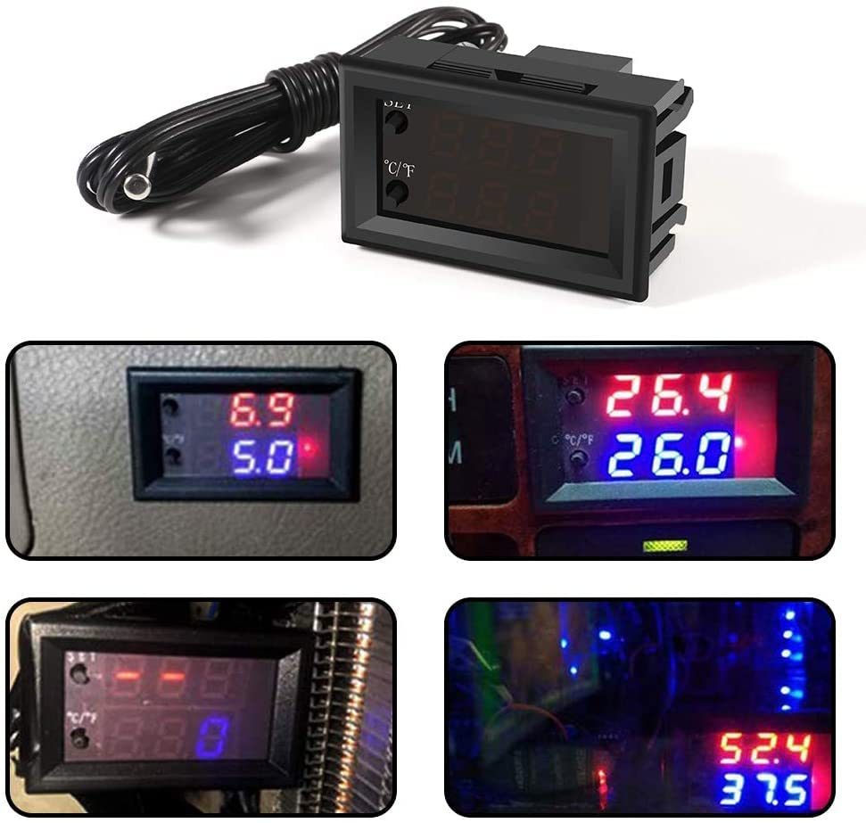 UMLIFE 2PCS Temperature Controller -50 to 110 Celsius (-58 to 230 F) DC 12V Programmable Heating/Cooling Thermostat Control Switch Module NTC Waterproof Sensor Probe Dual Color LED Display Monitor - style: 2PCS