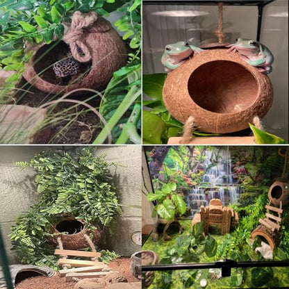 kathson Gecko Coco Hut Lizard Coconut Hide Cave Natural Coconuts Husk Reptile Hanging Nest Habitat Decor Bearded Dragon Terrarium Accessories for Crested Gecko Chameleon Snake Spider (4 PCS)