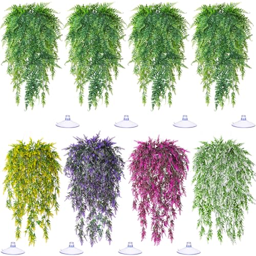 8 Pack Reptile Plants Terrarium Hanging Plant Vine Boston Climbing Terrarium Plant with Suction Cup for Bearded Dragons Lizard Crested Gecko Snake Crab Tank(Bright Series,5 Colors) - style: Bright Series