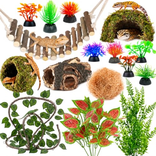 17 Pcs Bearded Dragon Tank Accessories Hermit Crab Accessories Natural Habitat Toy Artificial Moss and Plants Suction Cups for Lizard Chameleon Leopard Gecko Reptile Amphibian Tank Decoration - style: Mossy Style