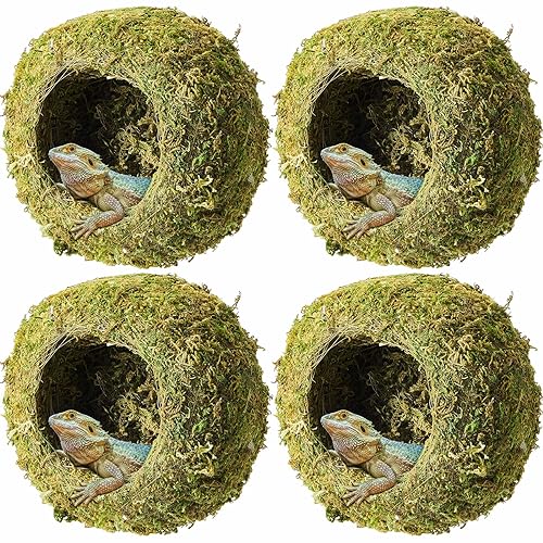 Tinideya 4 Pack Crested Gecko Hide, Reptile Hide, 4 Inch Artificial Moss Cave Hideouts for Pet Reptile Frogs Snakes Turtle Spider Lizard Chameleon, Green Terrarium Tank Decoration