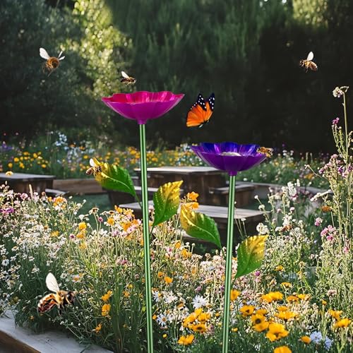 Bee Watering Station,2 Pack Butterfly Drinking Station with Flower Design for Garden,Colorful Metal Flying Insects Feeder Baths for Garden Yard Decor (Red,Purple) - style: Flower--Red,Purple