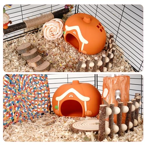 Guinea Pig Bed, Silicone Hamster Hideout Cave Waterproof Small Animal Cage House Accessories Reptile Tank Habitat Decor for Small Pet Ferret, Chinchilla, Bunny, Squirrel, Tortoise, Lizard (Orange)