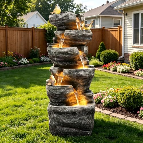 39.4" 6-Tier Cascading Rock Outdoor Fountain LED Bird Waterfall | hand-carved stone with birds, garden patio porch backyard - color: 39.4"h Gray