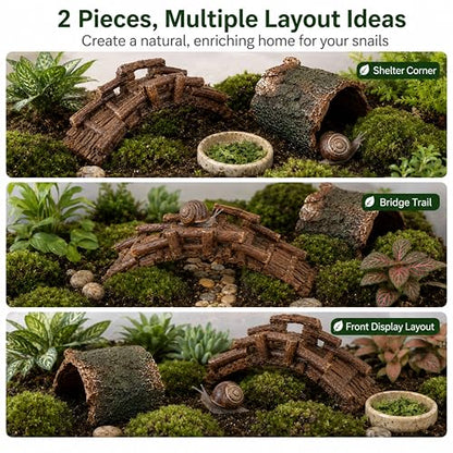 Pet Snail Hideout and Climbing Bridge Set for Terrarium Habitat Decor (Hideout) | Low-Profile Bark-Style Hideout and 17 cm Bridge for Natural Resting and Crawling Routes