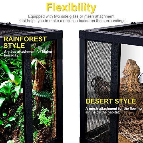 24"x18"x18" Reptile Terrarium, Modular Aluminum-Frame Glass Vivarium for Small Tropical Lizards Such as Juvenile Iguanas, with Lock, Cable Port, Waterproof Deep Base & Adjustable Vents