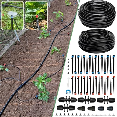 Riboud 240FT Drip Irrigation System Kit, Automatic Garden Watering System for Plant, Greenhouse, Yard, Lawn, with 1/2 inch 1/4 inch Irrigation Tubing Hose and Accessories - size: 240FT Drip System Kit