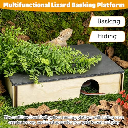 PINVNBY Large Bearded Dragon Basking Platform, Wooden Snake Hide, Ball Pythons Hide with Slate Rock, Leopard Gecko Tank Accessories for Crested Gecko Chameleon Turtles (XL: 15.7x9.84x2.76 inches) - size: XL: 15.7x9.84x2.76 inches