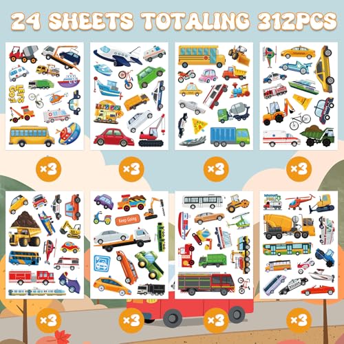 312Pcs Transportation Stickers, Cute Truck Stickers Construction Sticker Self-Adhesive Transportation Vehicle Paper Decals for Teaching School Home Party Supplies - style: Transportation