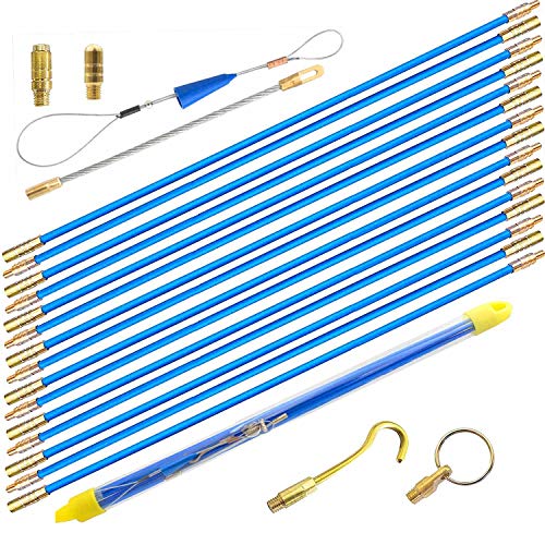 50' Fiberglass Cable Wire Running Rod Coaxial Electrical Connectable Fish Tape Pull Kit With Hook And Hole Kit In Transparent Tube, Blue - color: blue